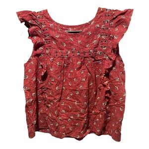 Abercrombie & Fitch Burgundy & White Floral Ruffle Cap Sleeve Eyelet Top